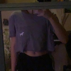 Pink tee shirt into a crop top